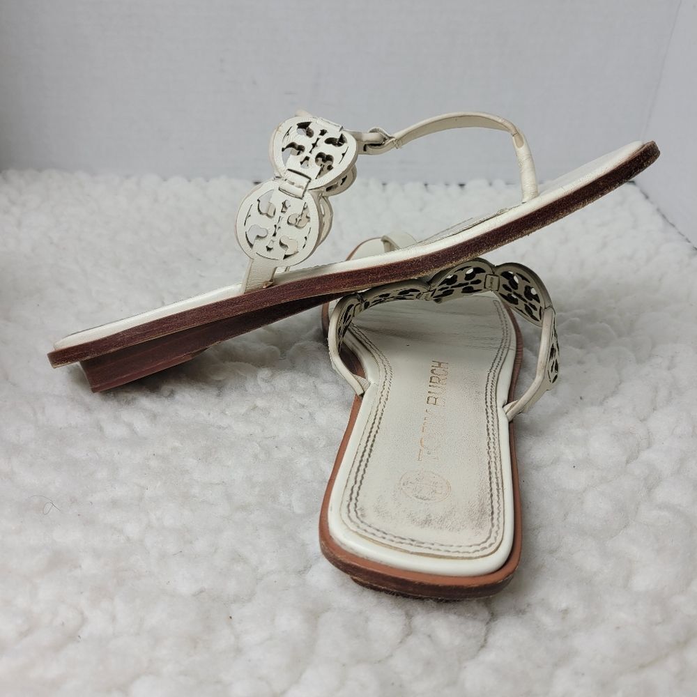 Tory Burch Tiny Miller 10mm Womens Sandals Size 6.5 Ivoiry Calf Leather Thong - Picture 5 of 10